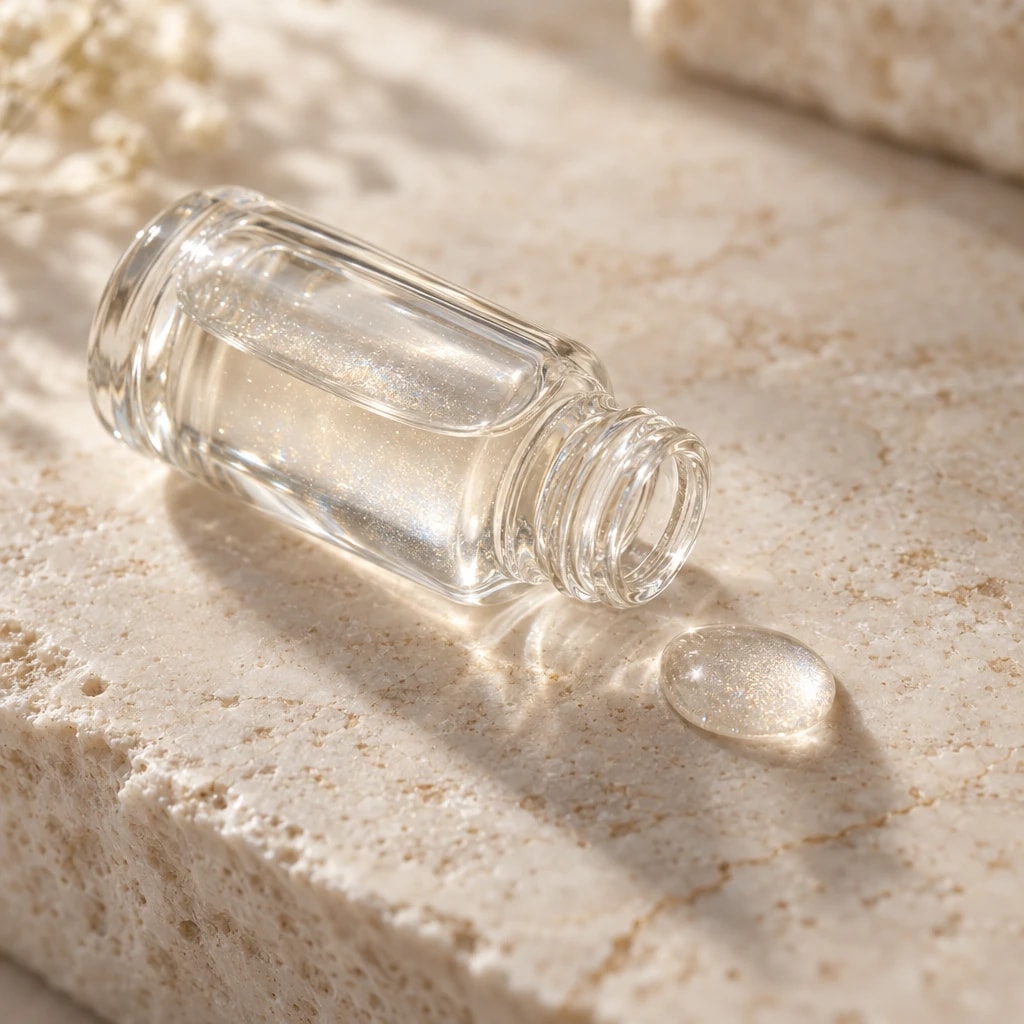 A small glass vial of clear peptide solution on stone