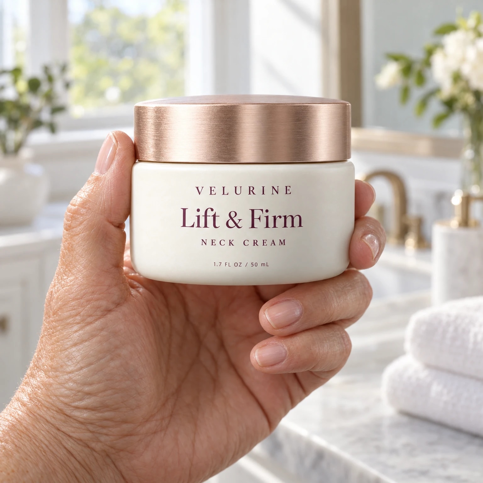A woman's hand holding the jar up in a bright bathroom