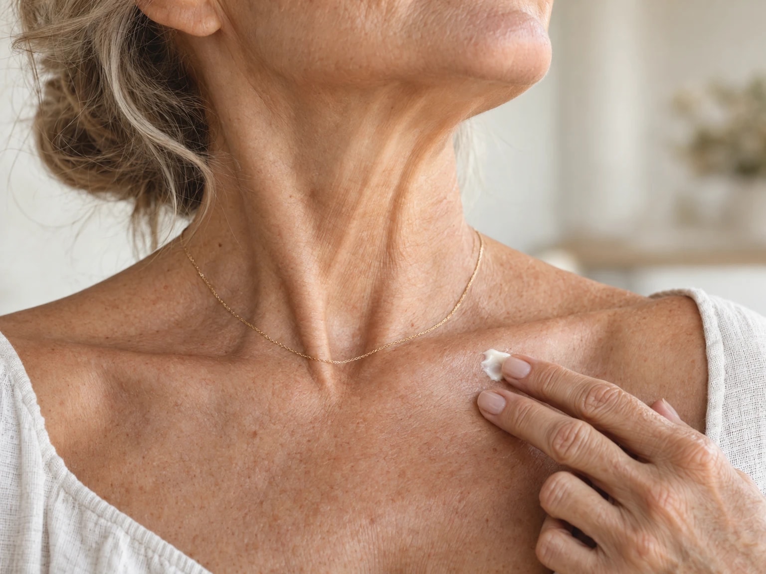 A dab of cream on a woman's collarbone, chin to chest